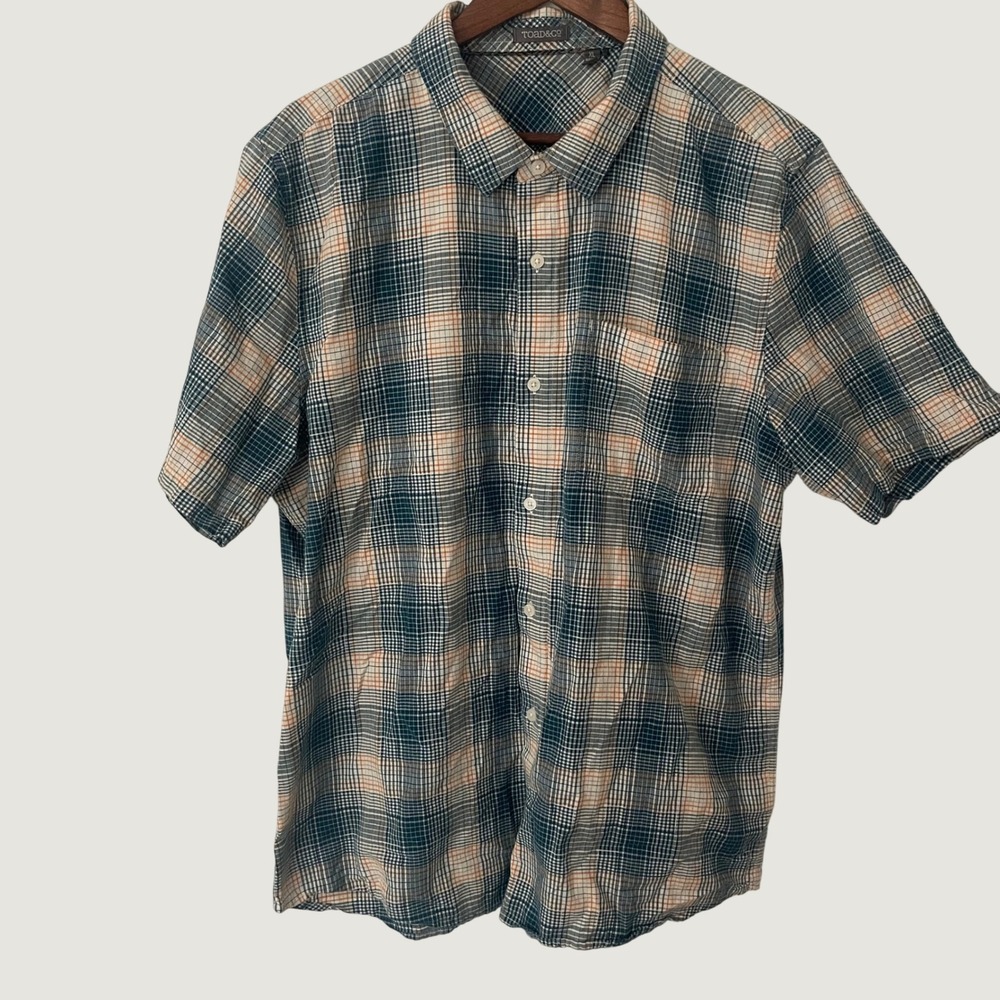 Toad&Co Mens XL Organic Cotton Short Sleeve Plaid Button Down Shirt Blue Orange